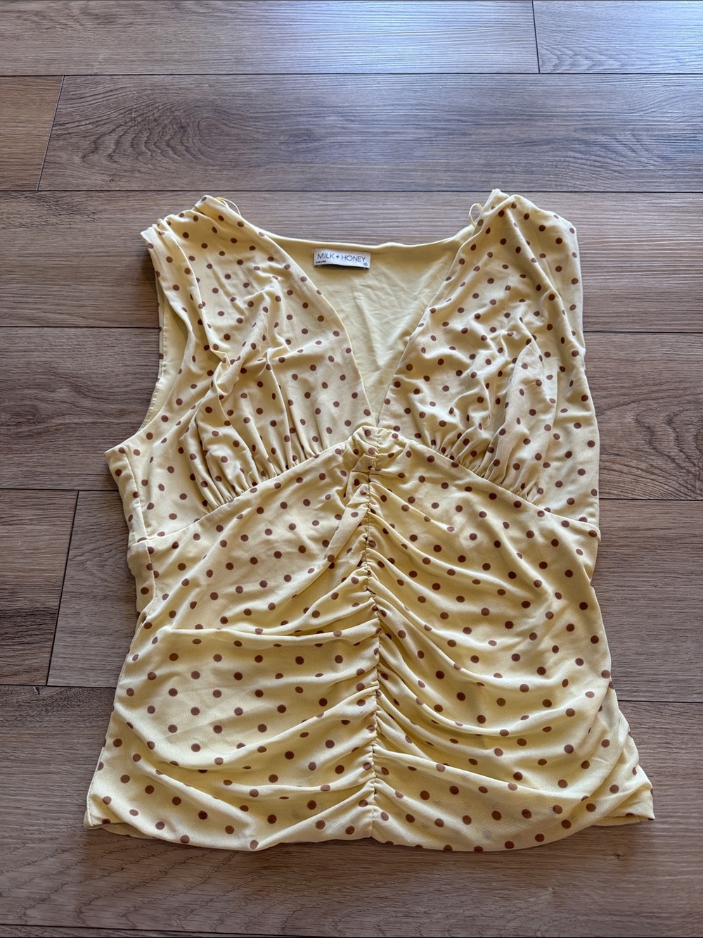 Yellow Polka Dot Ruched V-Neck Tank